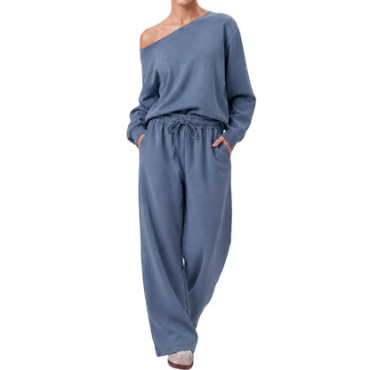 Elevate Your Wardrobe with the 2026 Autumn Women's Minimalist Sloping Shoulder Long Sleeve Top and Wide Leg Trousers Co-Ord Set – The Perfect Casual Silky Outfit!