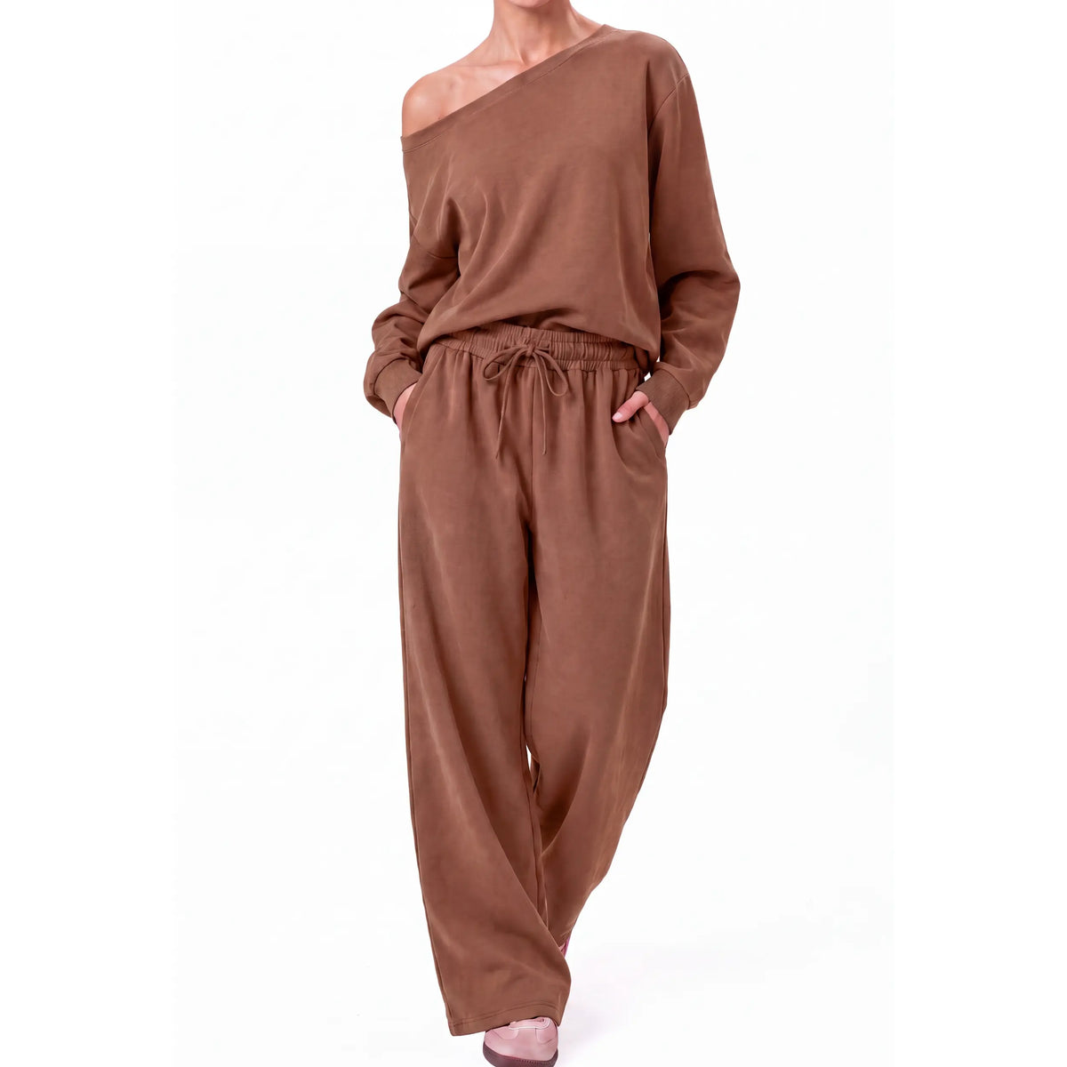 Elevate Your Wardrobe with the 2026 Autumn Women's Minimalist Sloping Shoulder Long Sleeve Top and Wide Leg Trousers Co-Ord Set – The Perfect Casual Silky Outfit!